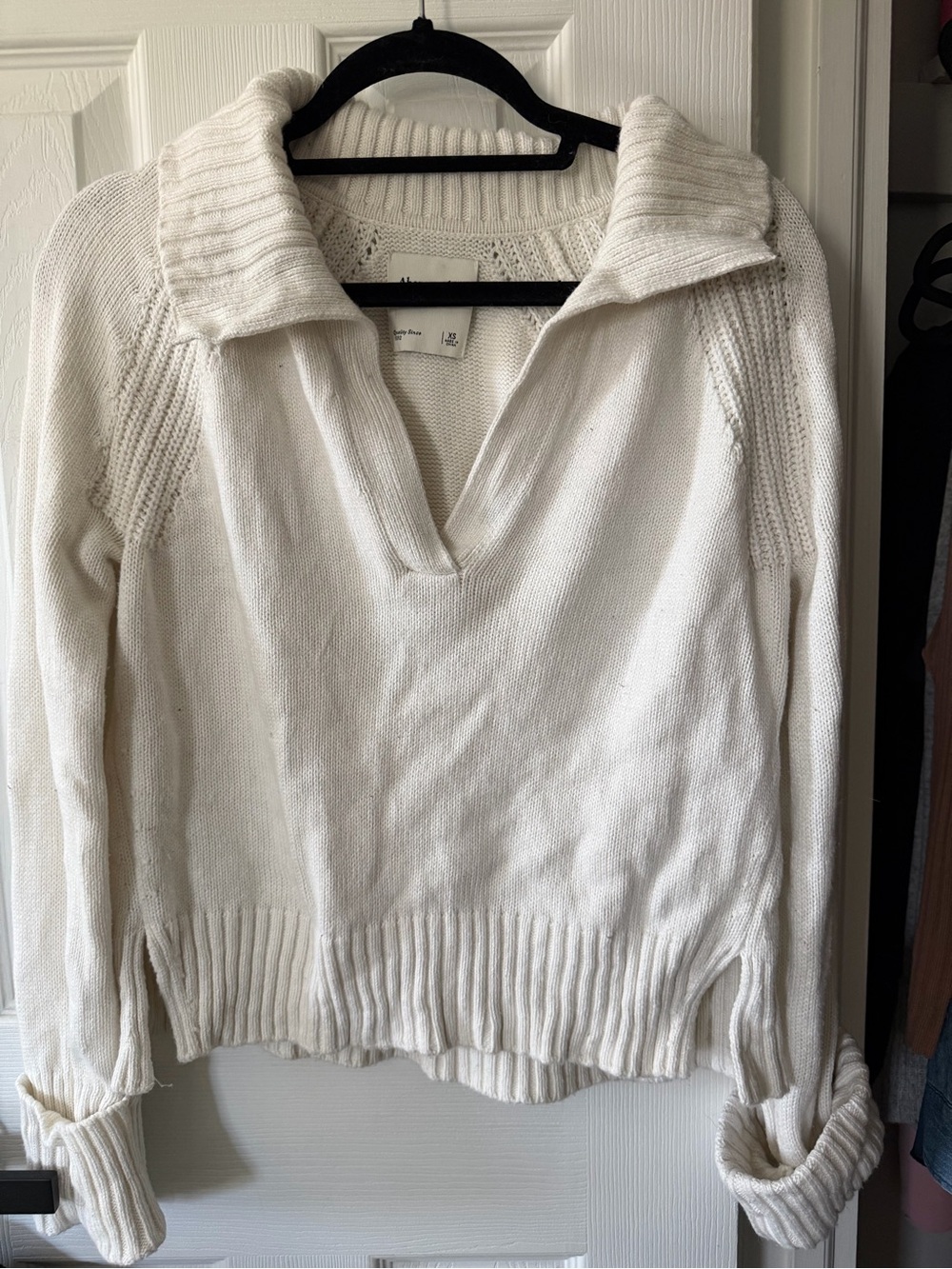 Abercrombie & Fitch Cream Fold-Over Collar V-Neck Sweater